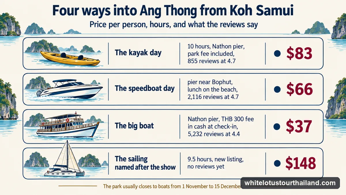 Infographic comparing the four Ang Thong boat days from Koh Samui by price, hours and reviews: the kayak day at $83, the speedboat at $66, the big boat at $37 and the sailing named after the show at $148