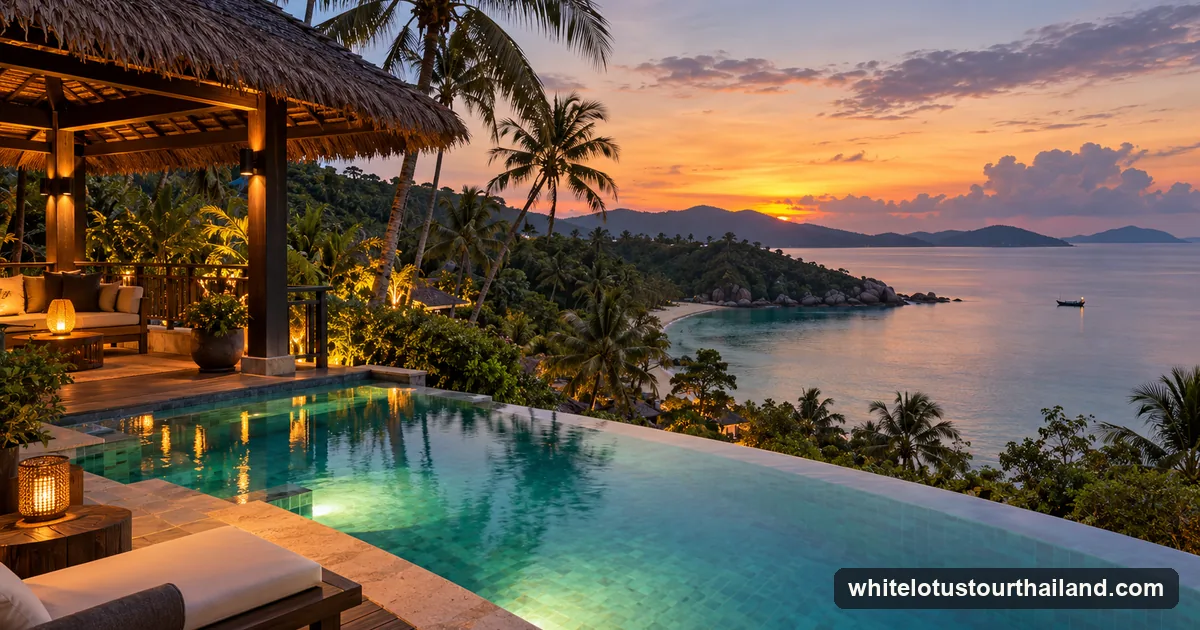 A hillside pool villa above a quiet bay on Koh Samui, the kind of villa the White Lotus resort scenes were shot in