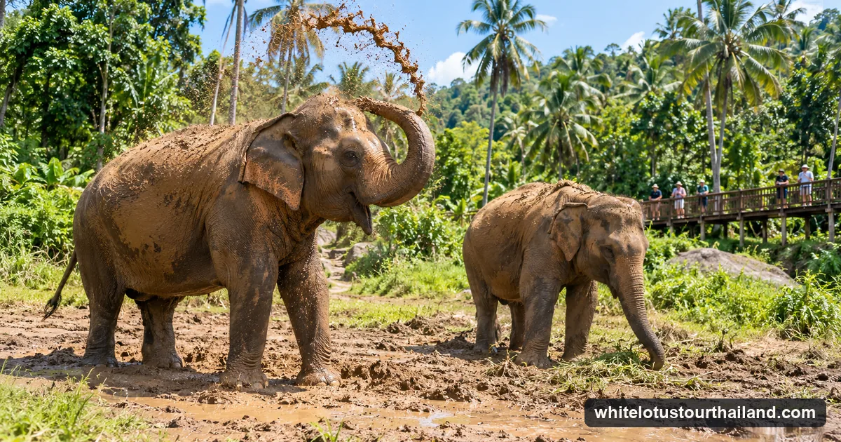 Illustration of two elephants foraging in a muddy forest clearing on Koh Samui while visitors watch from a raised wooden walkway