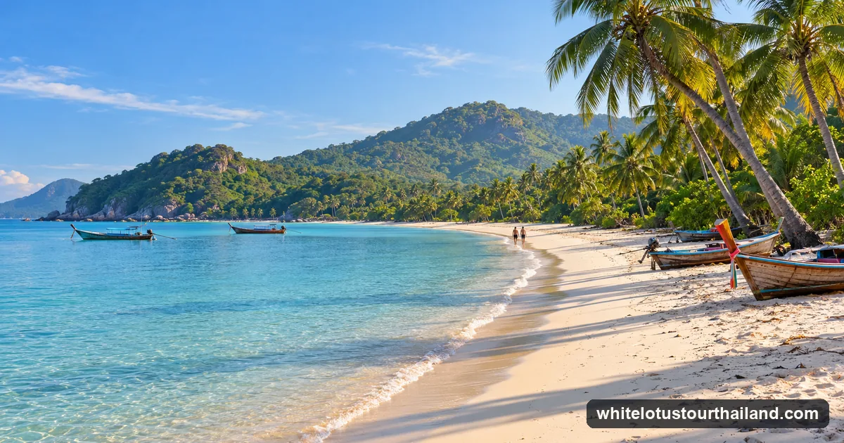 An early-morning beach on Koh Samui with long-tail boats and leaning palms, the island a White Lotus trip is planned around