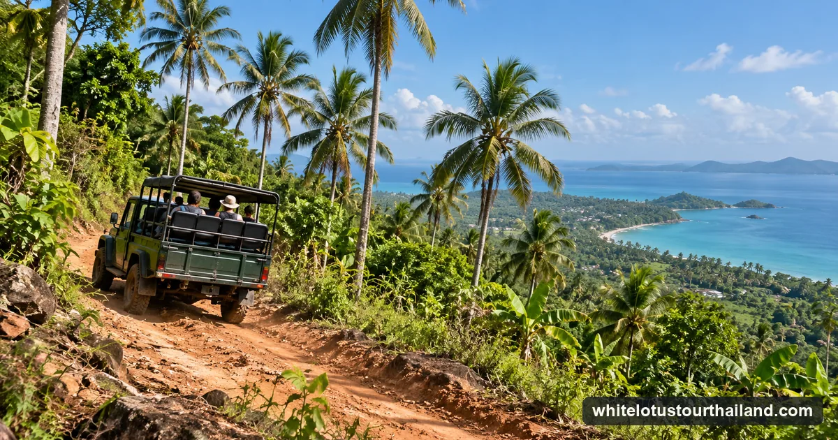 Illustration of an open 4x4 truck climbing a dirt track through coconut palms and jungle on a Koh Samui hillside