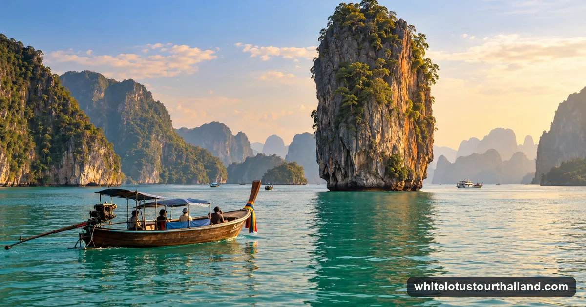 A long-tail boat under a limestone pillar in Phang Nga Bay, the Phuket side of the White Lotus map, against which Koh Samui is weighed
