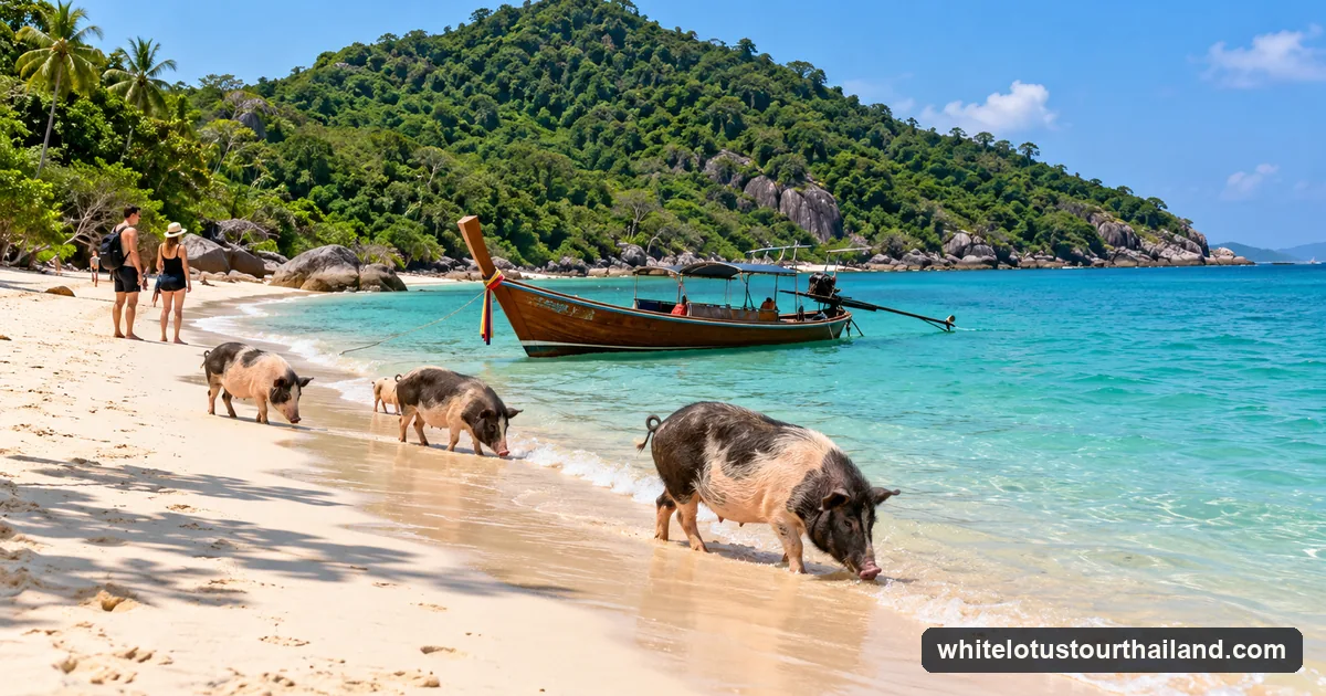Illustration of pigs walking along the beach on Koh Madsum, Pig Island, south of Koh Samui, with a long-tail boat pulled up on the sand