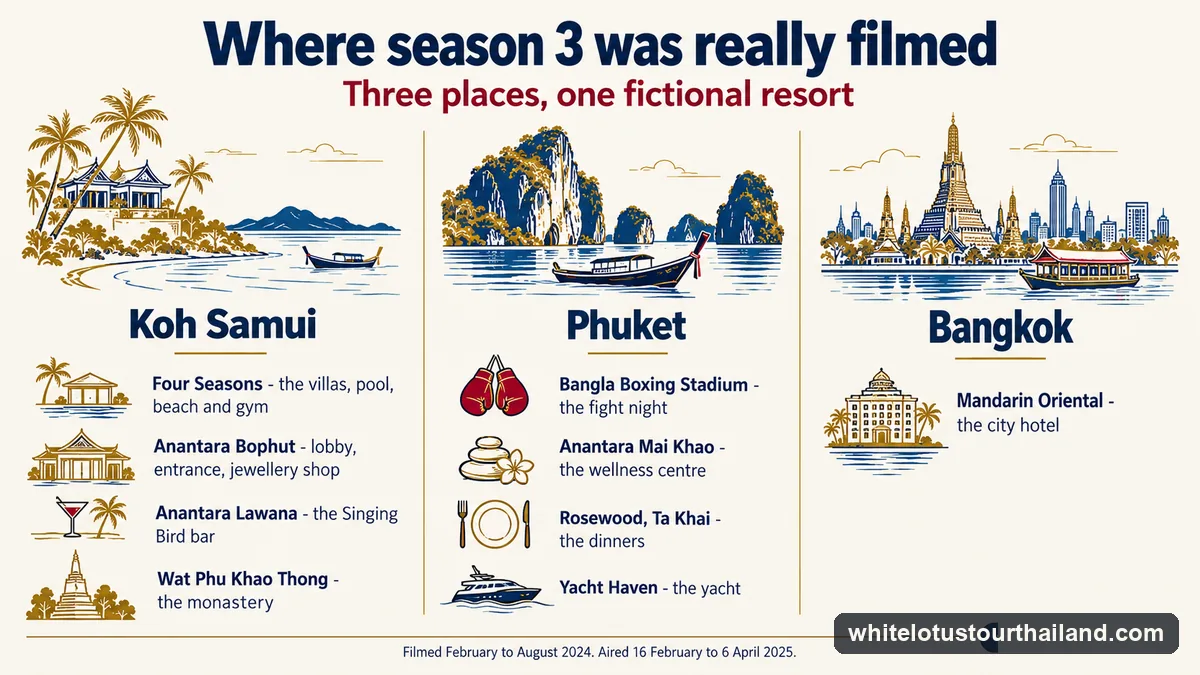 Infographic of where The White Lotus season 3 was filmed: the Four Seasons, two Anantaras and the monastery on Koh Samui, the stadium, wellness centre, restaurant and yacht on Phuket, and the Mandarin Oriental in Bangkok