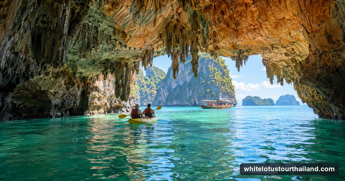 Kayaking out of a sea cave in Ang Thong Marine Park, the heart of the Koh Samui boat day sold as the White Lotus trip