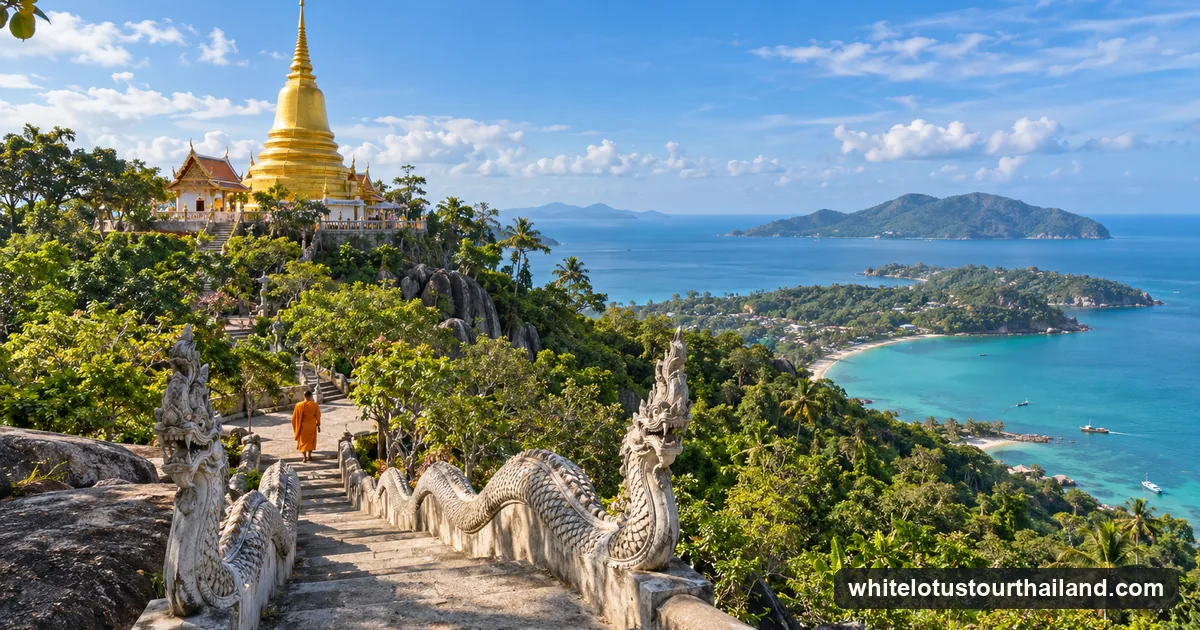 A golden chedi on a hilltop above the Gulf of Thailand, like the Koh Samui monastery where the White Lotus meditation scenes were filmed